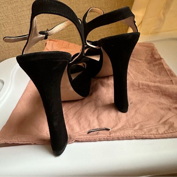 Miu Miu Black Suede Bow Peep-Toe Sandals - Picture 7 of 10